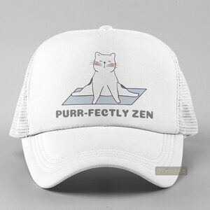 🆕Cat Yoga Purr-fectly Zen White Foam Trucker Hat Mesh Snapback Cap